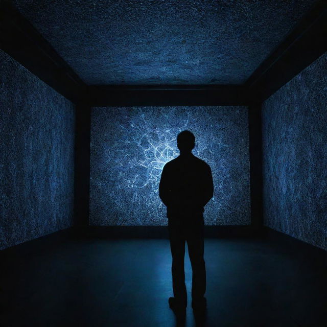 A man standing in a dark room illuminated by laser lights creating intricate patterns across the space.