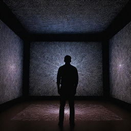 A man standing in a dark room illuminated by laser lights creating intricate patterns across the space.