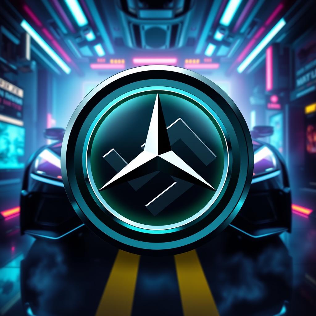 A stylized representation of the Mercedes-Benz logo juxtaposed with the Nazi emblem, set in a dynamic gaming environment