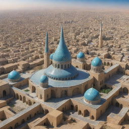 Futuristic cityscape of Iran in the year 1420 Hijri (year 1999 Gregorian), with an amalgamation of traditional architecture and advanced technology.