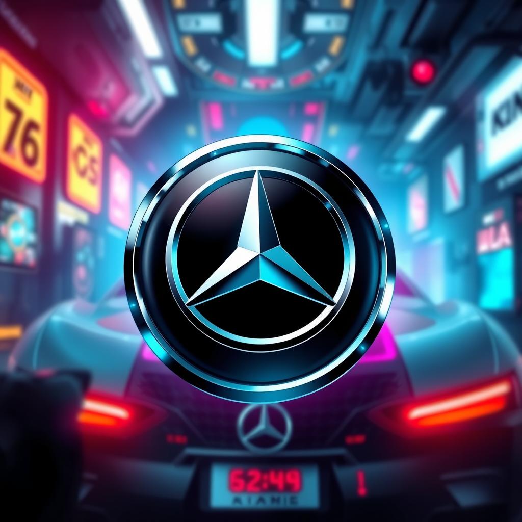 A stylized representation of the Mercedes-Benz logo juxtaposed with the Nazi emblem, set in a dynamic gaming environment