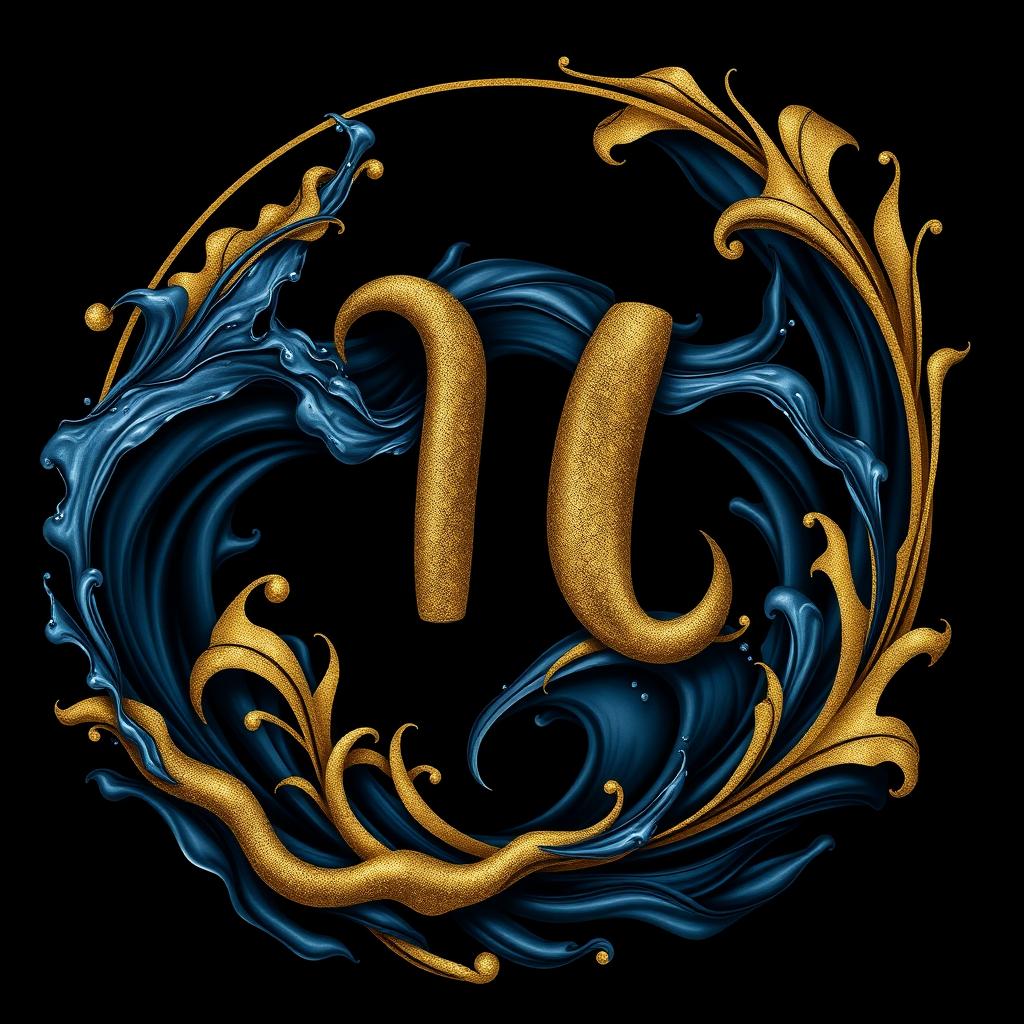 A playful and luxurious depiction of the Aquarius zodiac sign, incorporating deep black and dark blue tones as the primary color scheme