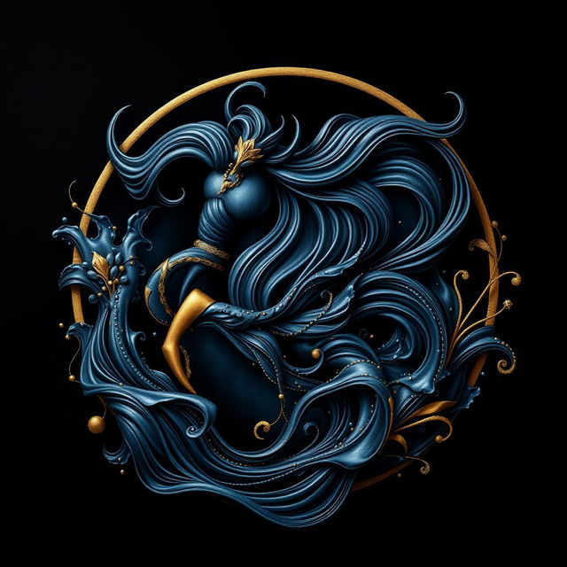 A playful and luxurious depiction of the Aquarius zodiac sign, incorporating deep black and dark blue tones as the primary color scheme