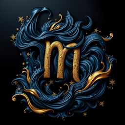 A playful and luxurious depiction of the Aquarius zodiac sign, incorporating deep black and dark blue tones as the primary color scheme