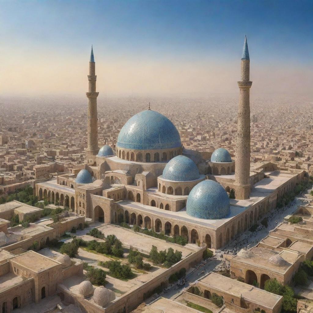 Futuristic cityscape of Iran in the year 1420 Hijri (year 1999 Gregorian), with an amalgamation of traditional architecture and advanced technology.