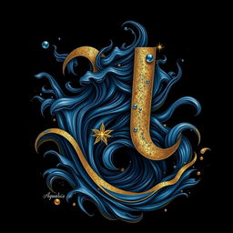 A playful and luxurious depiction of the Aquarius zodiac sign, incorporating deep black and dark blue tones as the primary color scheme