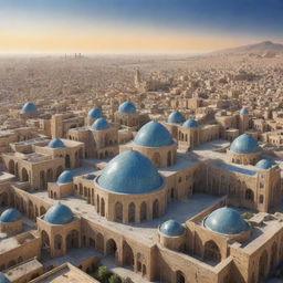 Futuristic cityscape of Iran in the year 1420 Hijri (year 1999 Gregorian), with an amalgamation of traditional architecture and advanced technology.