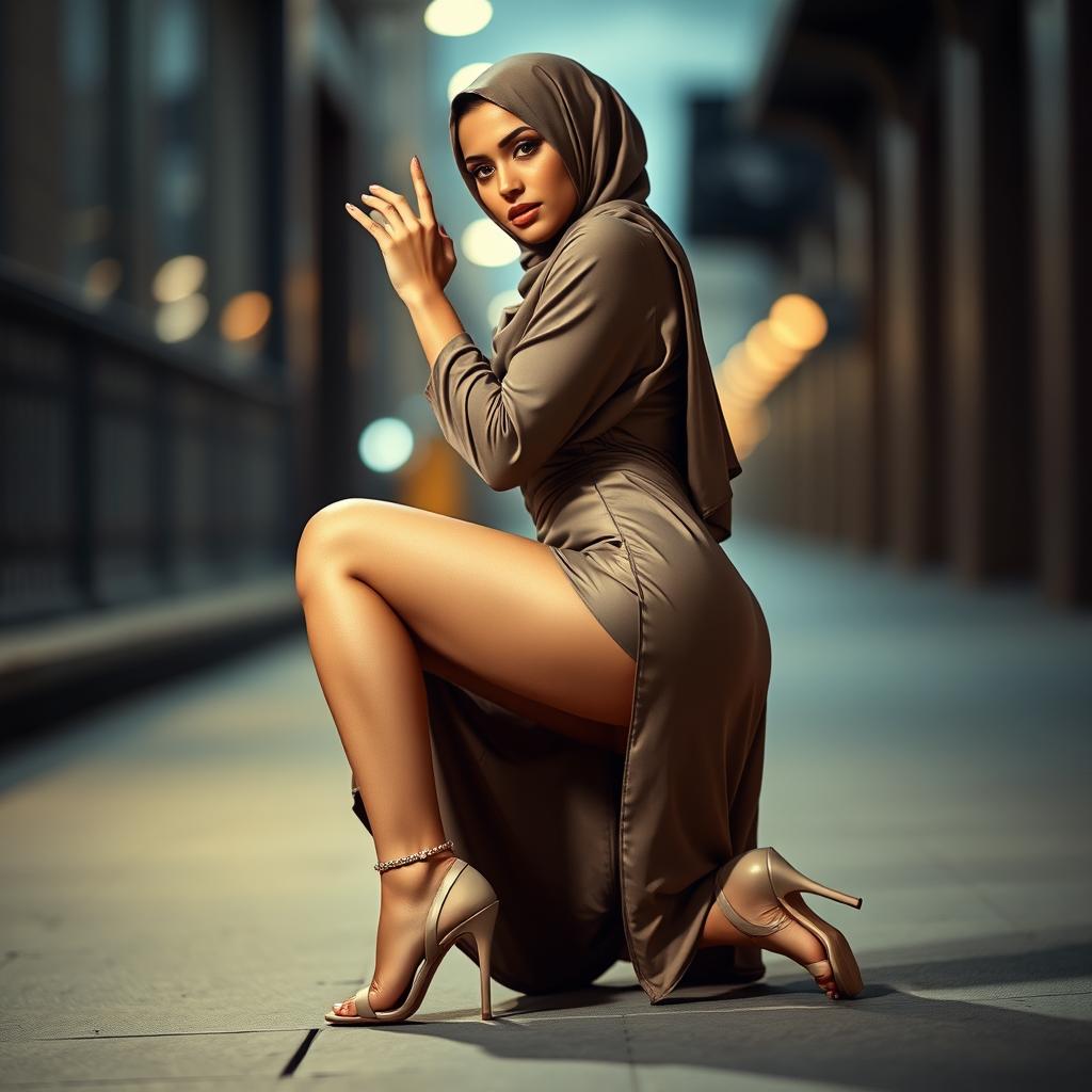 A stunning and alluring woman in a hijab, striking a seductive pose while kneeling