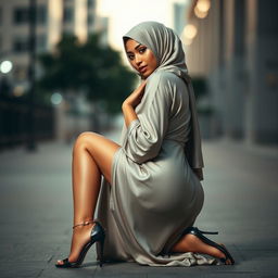 A stunning and alluring woman in a hijab, striking a seductive pose while kneeling