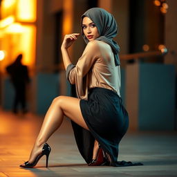 A stunning and alluring woman in a hijab, striking a seductive pose while kneeling