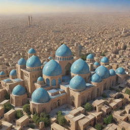 Futuristic cityscape of Iran in the year 1420 Hijri (year 1999 Gregorian), with an amalgamation of traditional architecture and advanced technology.