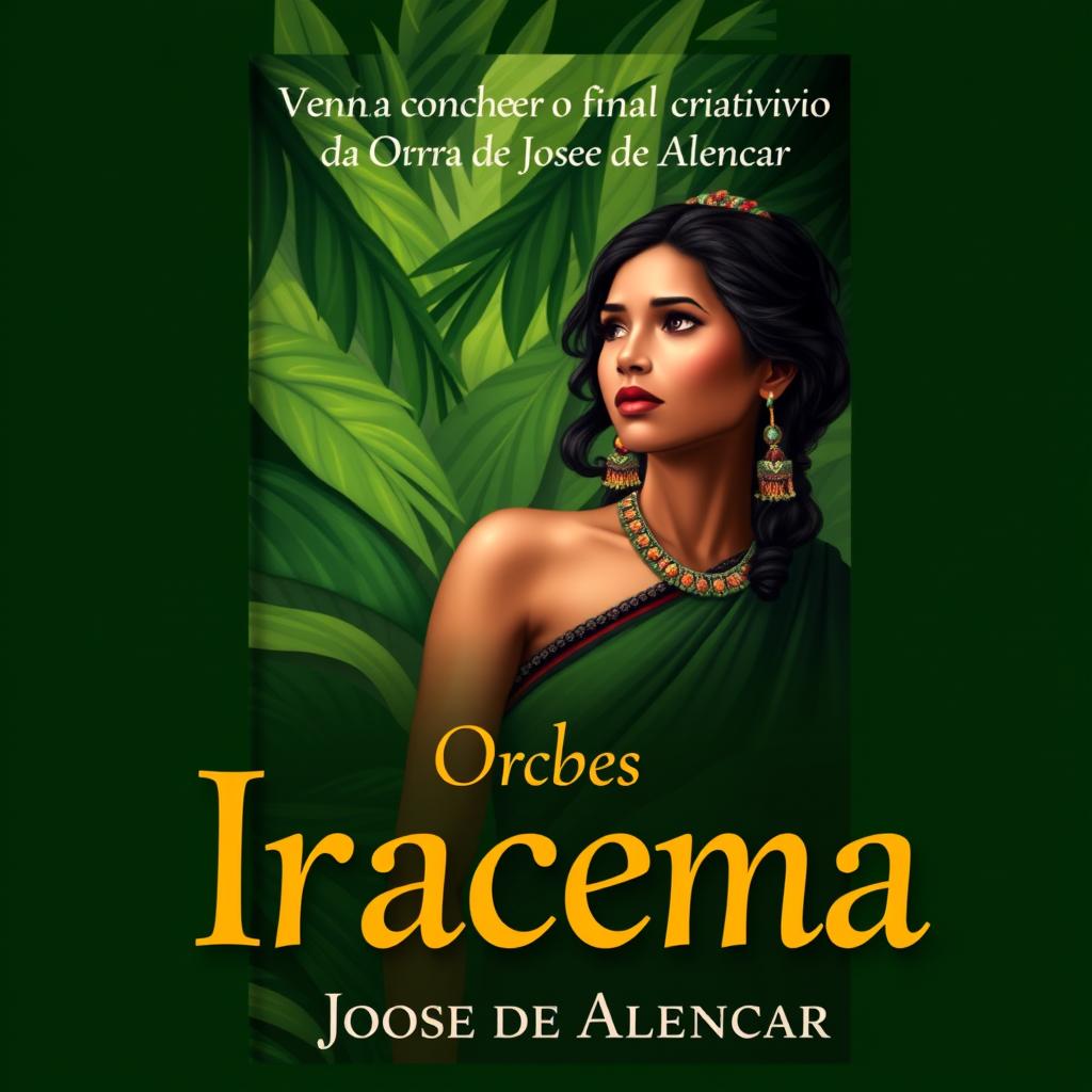 A book cover design featuring an artistic representation of Iracema from José de Alencar's work, embodying her beauty and mystique