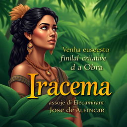 A book cover design featuring an artistic representation of Iracema from José de Alencar's work, embodying her beauty and mystique