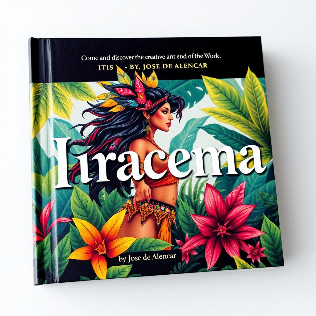 A captivating book cover featuring an artistic interpretation of Iracema, the iconic character from the novel by José de Alencar