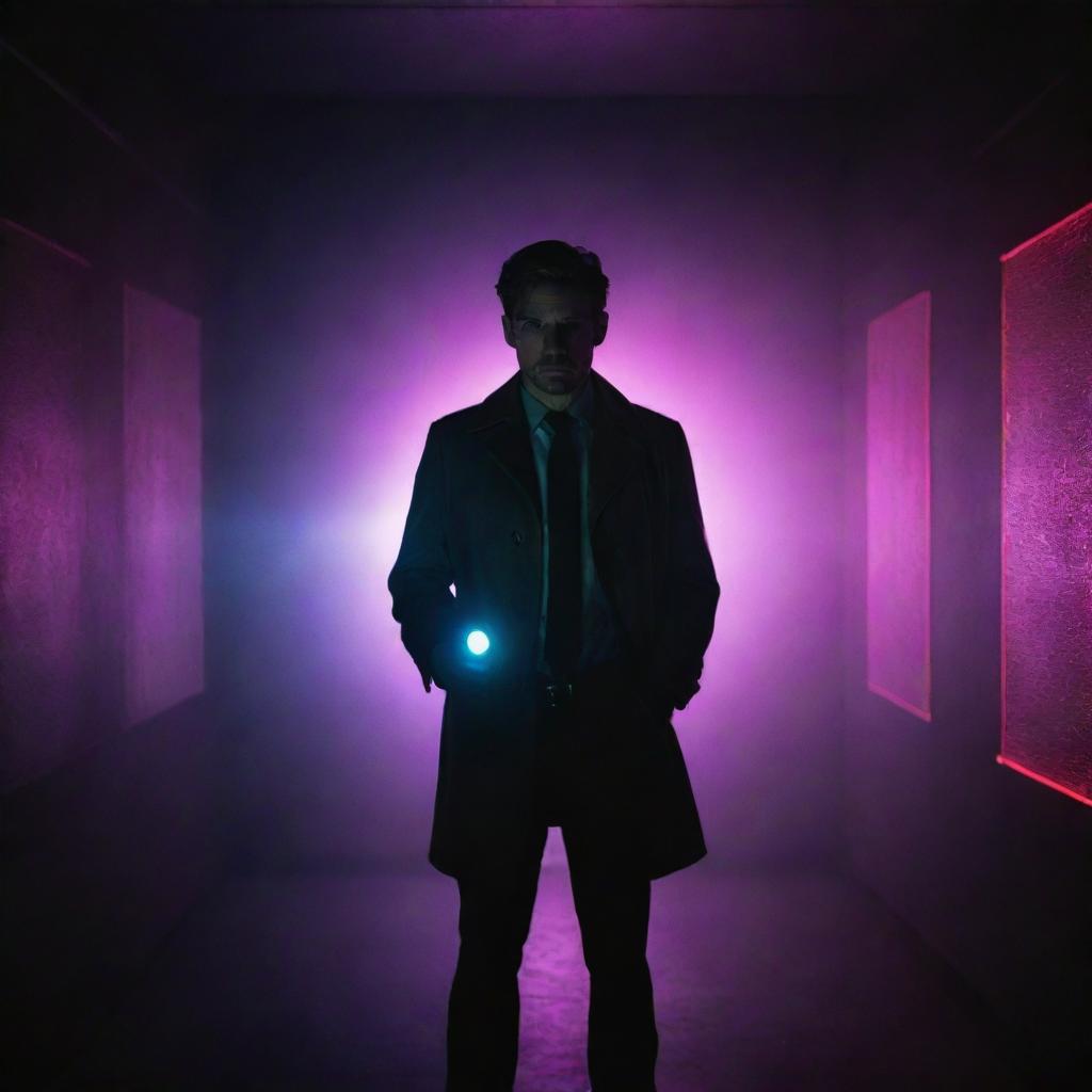 A man styled as a detective in the darkness, holding a flashlight, surrounded by security lasers in a room illuminated by neon lights.