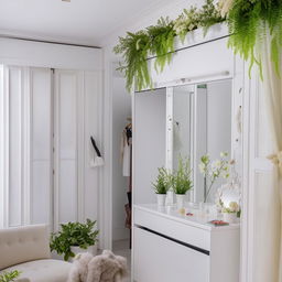 An elegant white room adorned with live plants. Features include a white sliding wardrobe with shoe case, a royal-style makeup table with mirror, a white bed and a cozy sofa situated near a balcony.