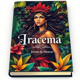 A captivating book cover featuring an artistic interpretation of Iracema, the iconic character from the novel by José de Alencar