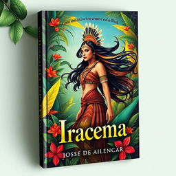 A captivating book cover featuring an artistic interpretation of Iracema, the iconic character from the novel by José de Alencar