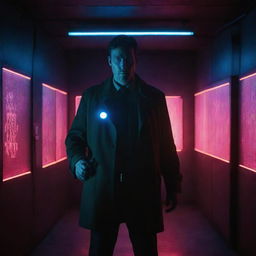 A man styled as a detective in the darkness, holding a flashlight, surrounded by security lasers in a room illuminated by neon lights.