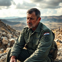 An Israeli army soldier with a very sad expression, sitting on a rock in a rugged outdoor environment