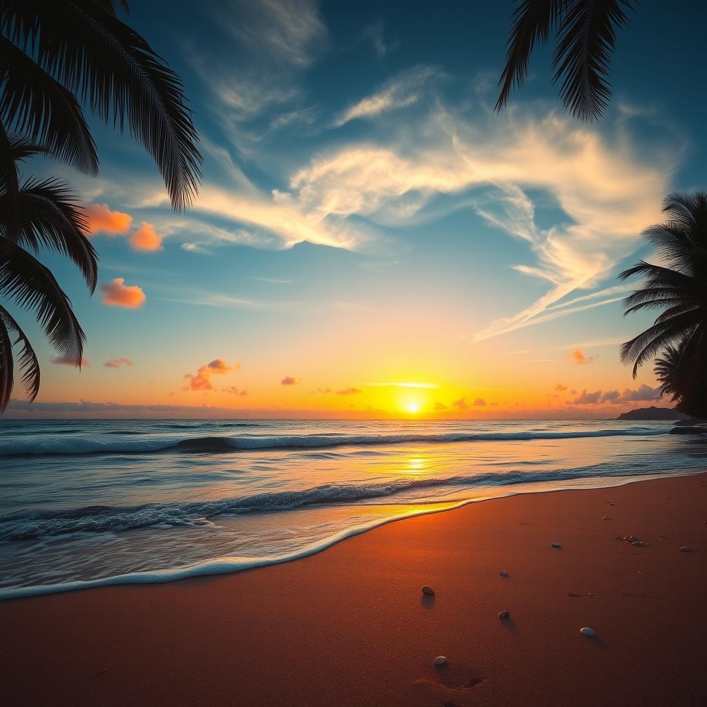 A beautiful sunset over a serene beach, with golden and orange hues melting into the blue sky