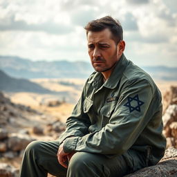 An Israeli army soldier with a very sad expression, sitting on a rock in a rugged outdoor environment