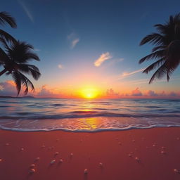 A beautiful sunset over a serene beach, with golden and orange hues melting into the blue sky