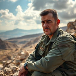 An Israeli army soldier with a very sad expression, sitting on a rock in a rugged outdoor environment