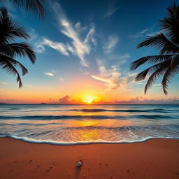 A beautiful sunset over a serene beach, with golden and orange hues melting into the blue sky