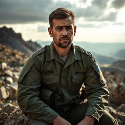 An Israeli army soldier with a very sad expression, sitting on a rock in a rugged outdoor environment