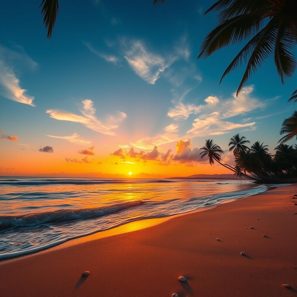 A beautiful sunset over a serene beach, with golden and orange hues melting into the blue sky