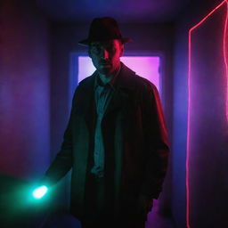 A man styled as a detective in the darkness, holding a flashlight, surrounded by security lasers in a room illuminated by neon lights.