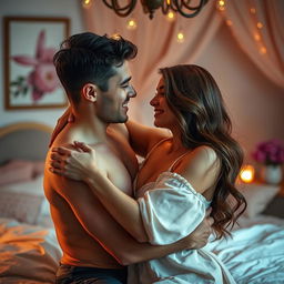 A passionate and intimate scene of an adult couple exploring their connection, filled with tenderness and affection, in a softly lit bedroom, with warm colors and a cozy atmosphere