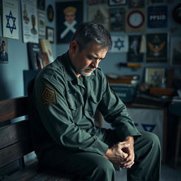 An Israeli army soldier depicting post-traumatic stress disorder (PTSD), showing a deeply reflective and troubled expression as he sits alone on a bench in a quiet, dimly lit room filled with personal memorabilia and military insignia