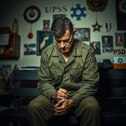 An Israeli army soldier depicting post-traumatic stress disorder (PTSD), showing a deeply reflective and troubled expression as he sits alone on a bench in a quiet, dimly lit room filled with personal memorabilia and military insignia