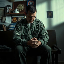 An Israeli army soldier depicting post-traumatic stress disorder (PTSD), showing a deeply reflective and troubled expression as he sits alone on a bench in a quiet, dimly lit room filled with personal memorabilia and military insignia