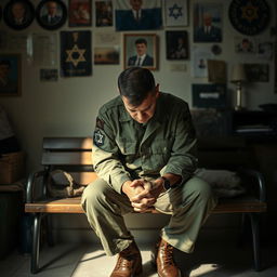 An Israeli army soldier depicting post-traumatic stress disorder (PTSD), showing a deeply reflective and troubled expression as he sits alone on a bench in a quiet, dimly lit room filled with personal memorabilia and military insignia