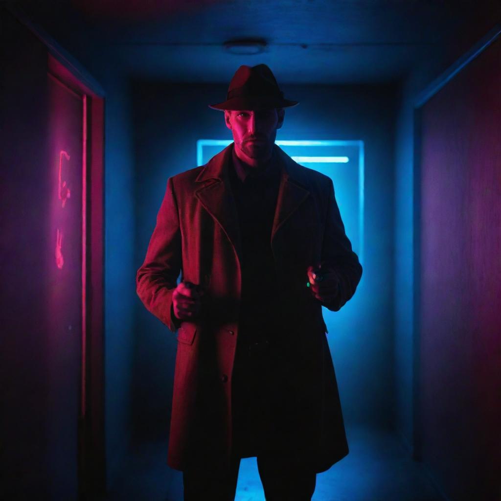 A man styled as a detective in the darkness, holding a flashlight, surrounded by security lasers in a room illuminated by neon lights.