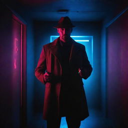 A man styled as a detective in the darkness, holding a flashlight, surrounded by security lasers in a room illuminated by neon lights.