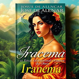 A captivating book cover featuring an artistic representation of Iracema from the work of José de Alencar, highlighting her beauty and elegance