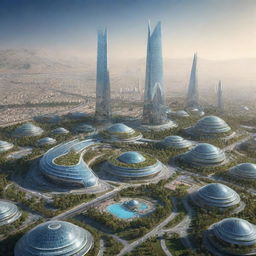 Futuristic view of Iran in 2050 featuring advanced architecture, technology, and landscape