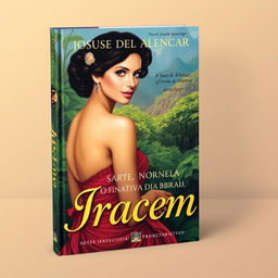 A captivating book cover featuring an artistic representation of Iracema from the work of José de Alencar, highlighting her beauty and elegance