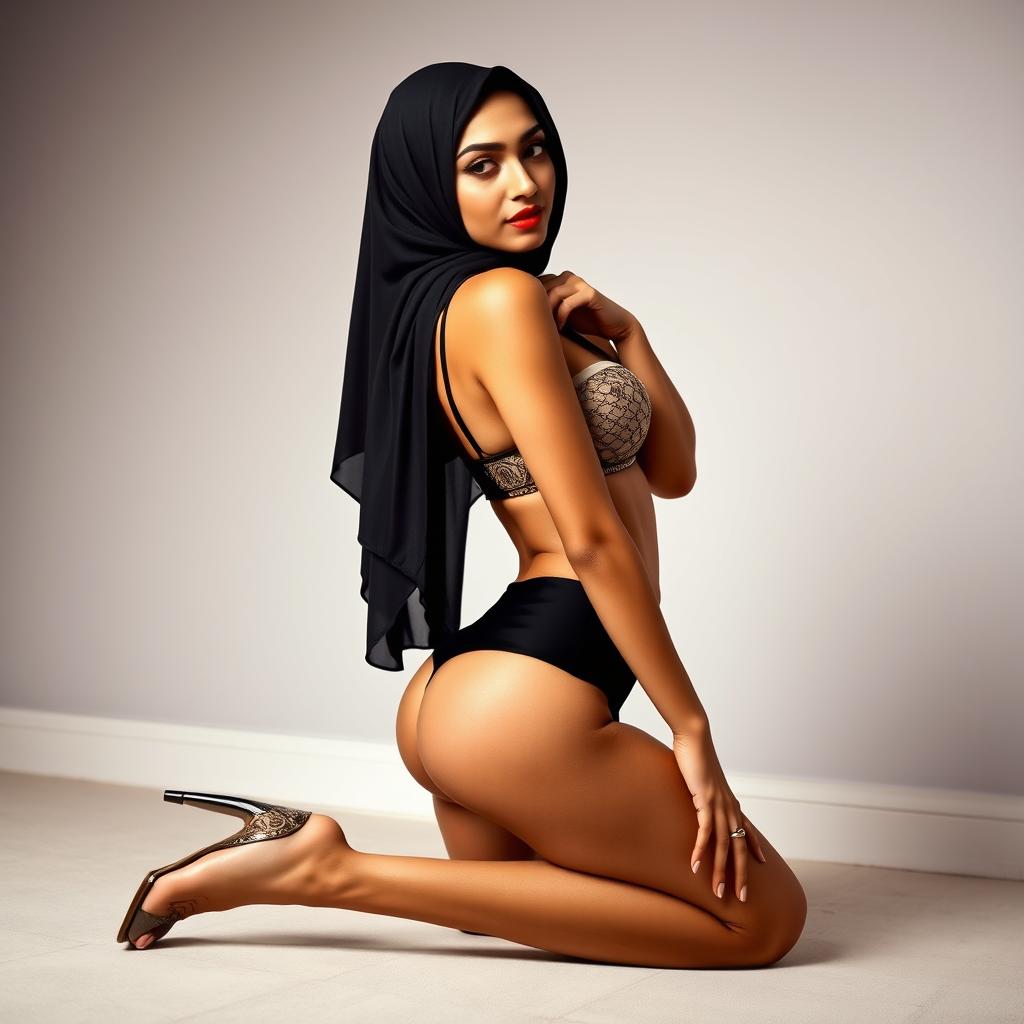 A strikingly sexy woman in a hijab, wearing a fashionable bra that highlights her silhouette