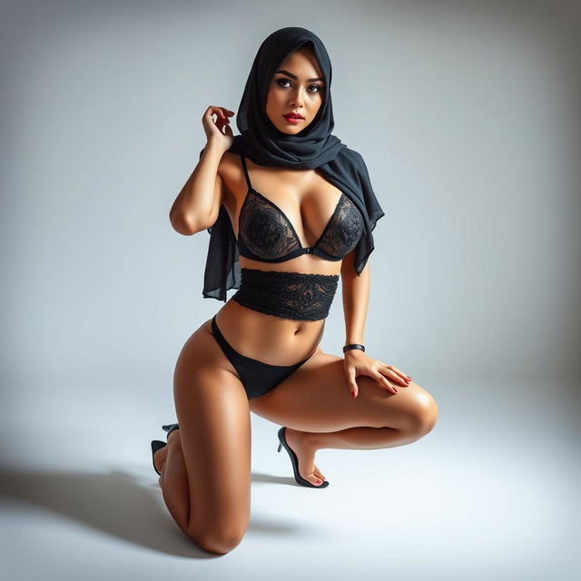 A strikingly sexy woman in a hijab, wearing a fashionable bra that highlights her silhouette