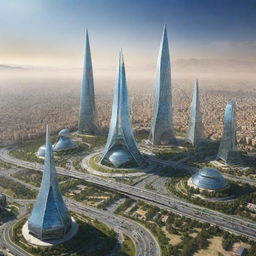 Futuristic view of Iran in 2050 featuring advanced architecture, technology, and landscape