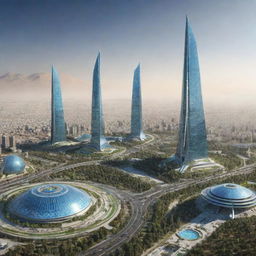 Futuristic view of Iran in 2050 featuring advanced architecture, technology, and landscape