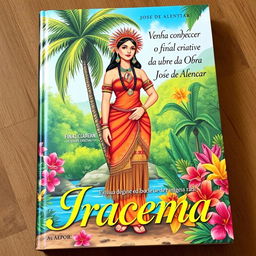 A captivating book cover featuring a beautiful illustration of Iracema, the iconic character from José de Alencar's literature