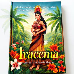 A captivating book cover featuring a beautiful illustration of Iracema, the iconic character from José de Alencar's literature