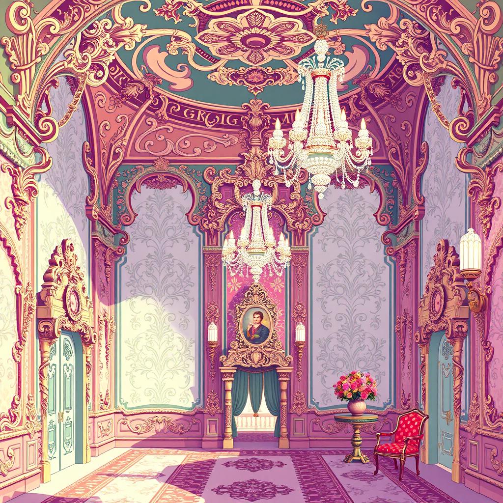 A beautiful 32x32 pixel art illustration depicting rococo architecture and design elements