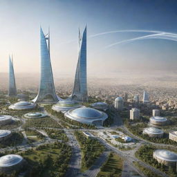 Futuristic view of Iran in 2050 featuring advanced architecture, technology, and landscape